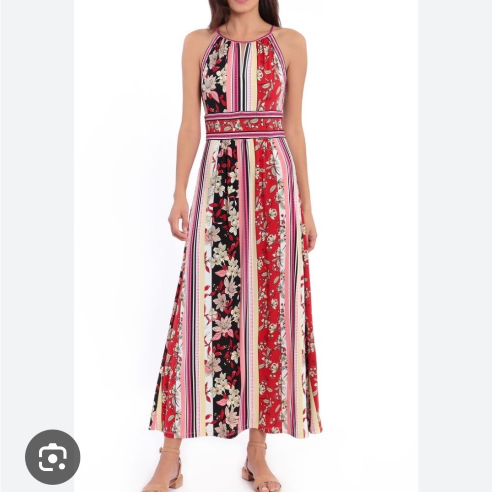 NWT London Style Womens Floral Stripe Halter Maxi Boho Dress Sz 8